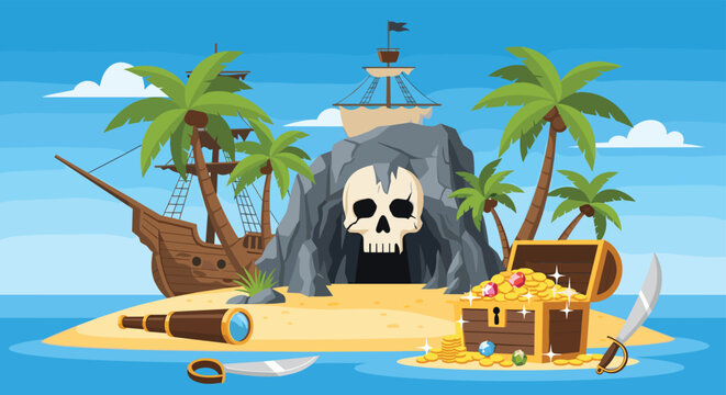Tropical pirate island featuring a skull shaped cave entrance, a treasure chest full of gold coins, and a ship.