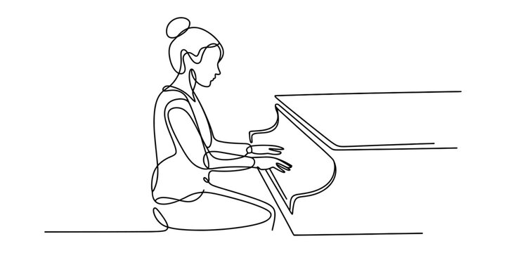 A continuous line drawing of a woman sitting and playing the piano on a clean white background Vector, illustration