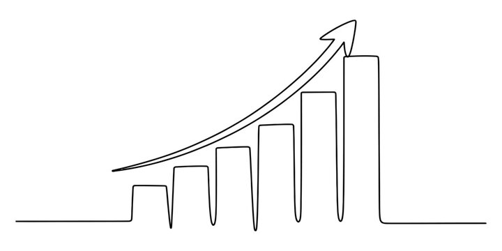 A single continuous line drawing of a bar chart showing growth with an upward pointing arrow icon Vector, illustration