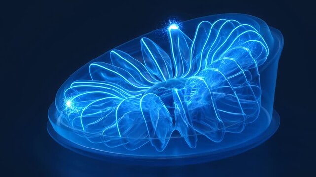Glowing blue 3D mitochondria diagram of cell organelle