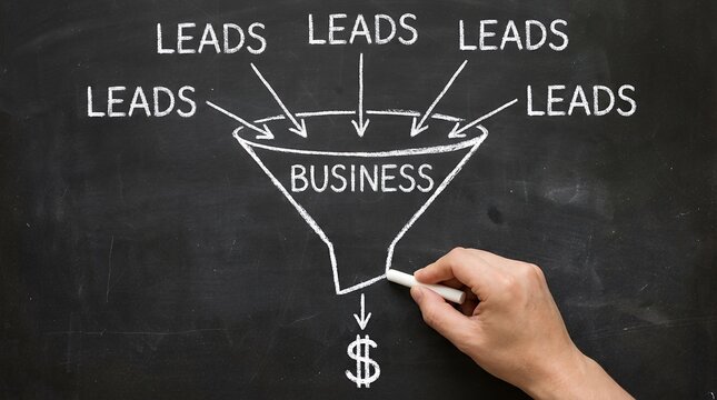 Chalk drawing on blackboard illustrates lead generation and conversion into business profits symbolized by a dollar sign 164 characters leads marketing sales funnel strategy
