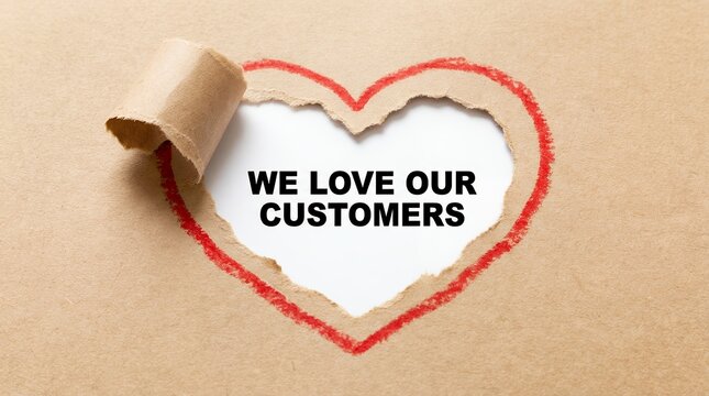 A torn brown paper heart reveals the text We Love Our Customers in bold black lettering against a white space appreciation loyalty relationship business care thank you greeting