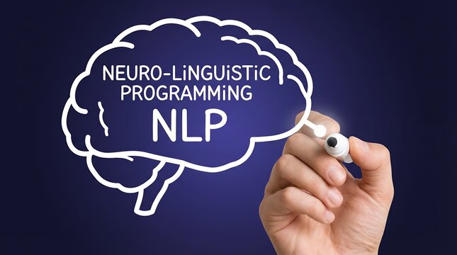 Hand writing NEURO LINGUISTIC PROGRAMMING NLP inside a stylized brain outline on a dark blue gradient human mind concept psychology learning communication therapy coaching