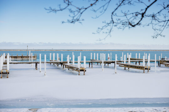 Snow Covered Marina Docks on Lake Michigan in Winter