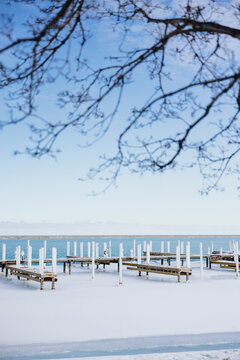 Snow Covered Marina Docks on Lake Michigan in Winter