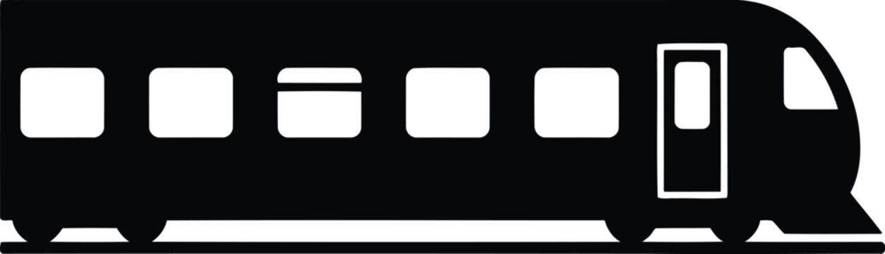 black silhouette of a modern train or bus with windows and door, side view, transportation icon