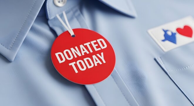 Closeup of a blue shirt with a donated today tag and a heart logo