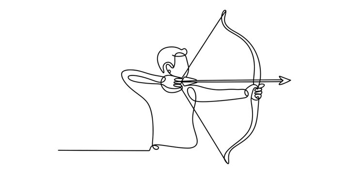 Minimalist continuous line art illustration of an archer aiming with a bow and arrow in profile Vector, illustration