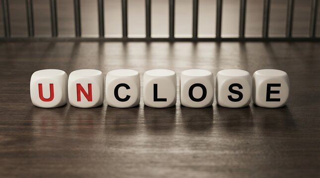 White cubes with red and black letters spelling UNCLOSE sit on a wooden surface in front of prison bars 172 characters word text message communication concept idea opportunity