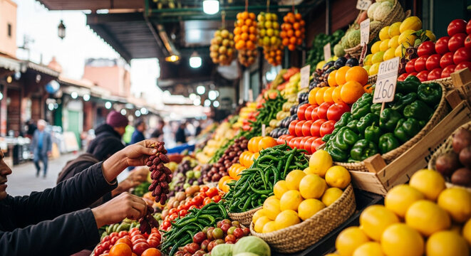 Abundant fresh fruits and vegetables stall at an outdoor market, with people browsing