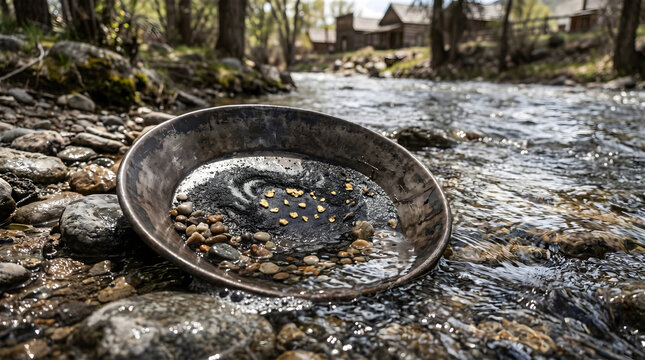 Gold prospecting pan sitting in a stream with water and small rocks