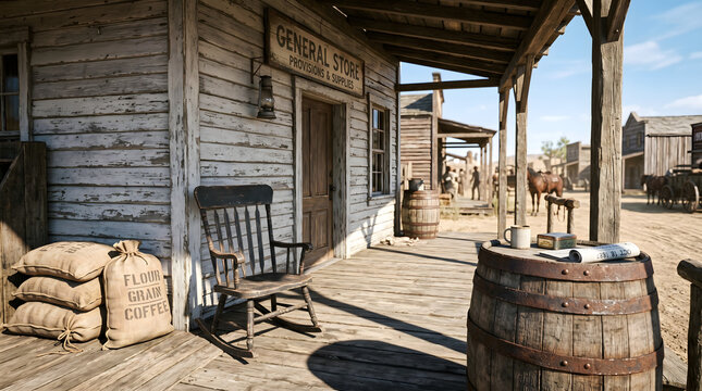 Old western general store with a wooden porch and rocking chair outside