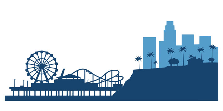 Santa Monica Pier and Los Angeles City Skyline Silhouette Vector Illustration