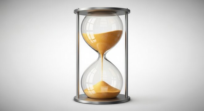 Elegant glass hourglass with golden sand flowing, depicting the relentless passage of time and