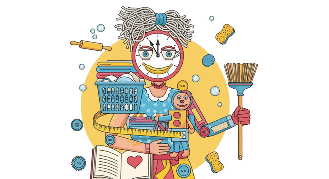 A detailed illustration of a busy homemaker with a clock face, juggling various household chores and items like laundry, a broom, and a teddy bear.