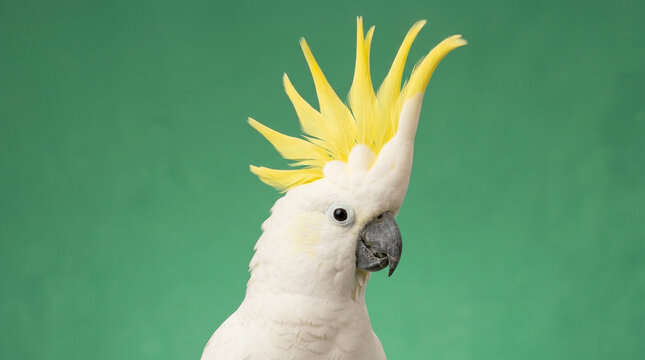 A striking Sulphur-crested cockatoo with its vibrant yellow crest captured in a detailed headshot against a solid green background ideal for nature and pet-themed designs