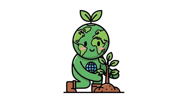 Planet Earth's Green Pledge: An adorable personification of planet earth, tenderly planting a sapling, symbolizing commitment to environmental stewardship and a greener future.