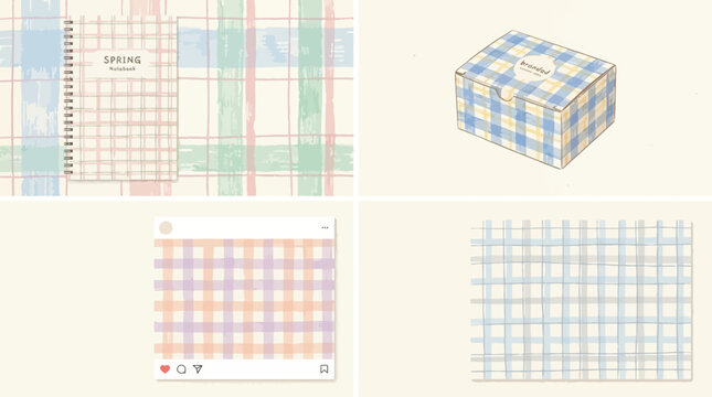 Pastel hand drawn plaid and grid pattern backgrounds in soft colors. Minimal abstract checkered textures for branding, packaging, social media, stationery and spring design. Vector illustration