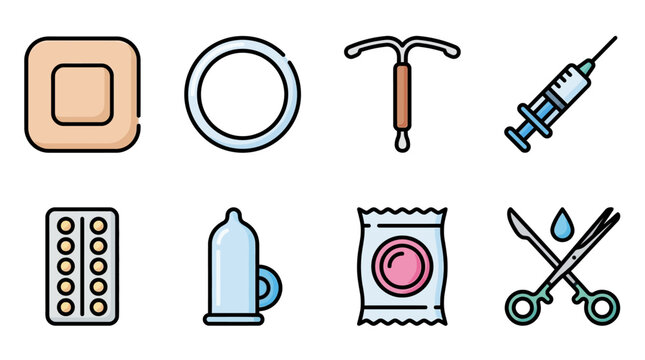 Set of contraception colored flat icons. Birth control methods. Contraceptive patch, ring, IUD, injection, hormonal pills, male and female condom, sterilization. Collection of safe sex vector elements