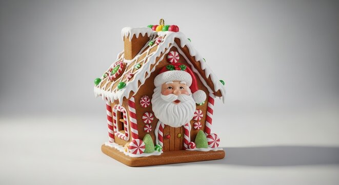 A festive holiday gingerbread house with a jolly Santa Claus face and colorful candy decorations