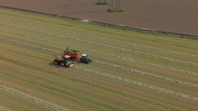 European Farm Silage Harvesting With Forage Harvester Drone View