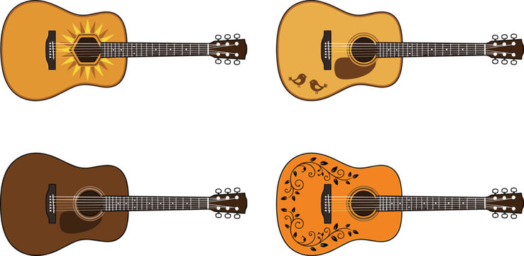 Acoustic Guitar Collection with Different Wood Finishes and Decorative Designs for Music Instruments, Folk Style, Performance and Musical Vector Illustration Set