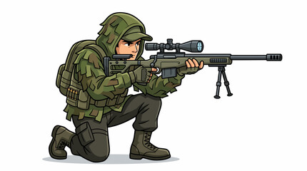 Fototapeta premium Crouching military sniper in ghillie suit aiming a high-precision rifle with scope