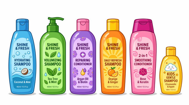 Set of hair care products featuring colorful shampoo and conditioner bottles with soap bubbles