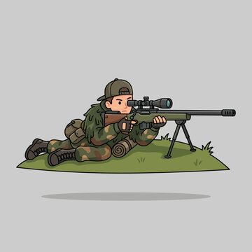 Prone military sniper in camouflage gear aiming a bolt-action rifle on a grass patch
