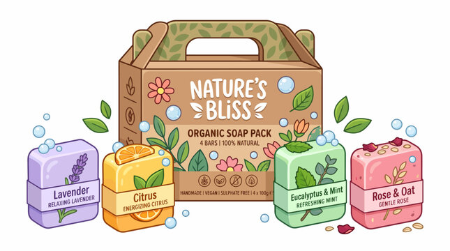Eco-friendly organic handmade soap gift pack with four natural bars including lavender citrus eucalyptus and rose