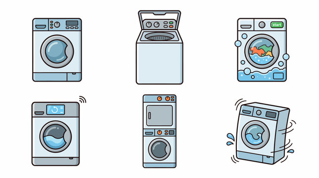 Set of various cartoon washing machine icons including front-load, top-load, and stacked dryer units isolated on white background