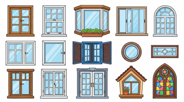 Collection of various cartoon window styles including wooden frames, bay windows, shutters, and stained glass isolated on white background