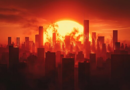Burning city skyline with skyscrapers engulfed in flames and smoke as an enormous fiery sun sets, creating an apocalyptic scene