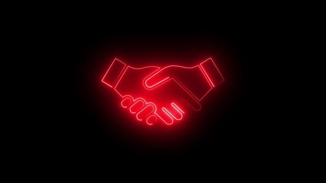 
A neon sign of two hands shaking. which is a symbol of agreement or partnership with dark background 4k motion video. 