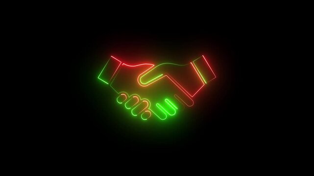 
A neon sign of two hands shaking. which is a symbol of agreement or partnership with dark background 4k motion video. 