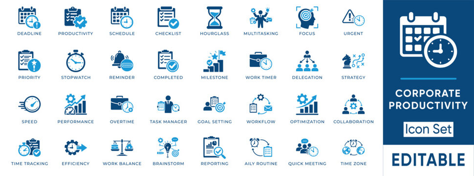 Corporate productivity icon set. Containing time management, schedule, deadline, efficiency, workflow, strategy and more. Solid vector icons collection.