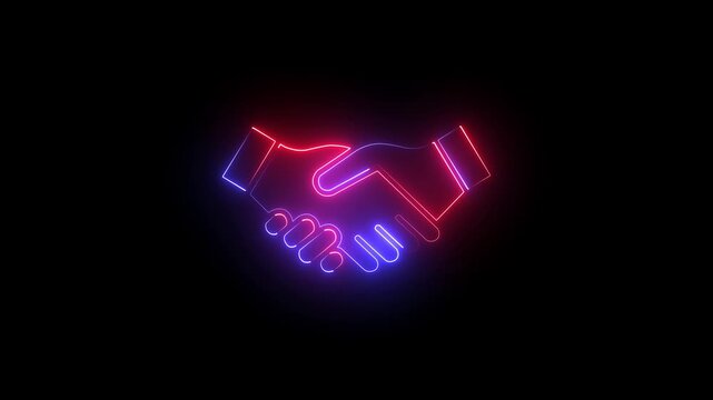 
A neon sign of two hands shaking. which is a symbol of agreement or partnership with dark background 4k motion video. 