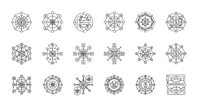 DeFi Ecosystem and Blockchain Finance Sacred Geometry Icons