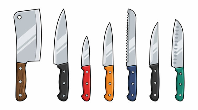 Variety of professional kitchen knives and meat cleaver set for culinary preparation