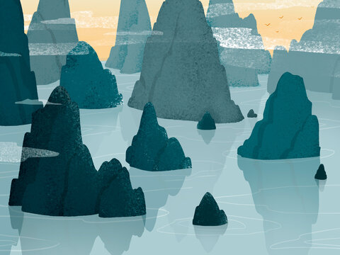 Ha long bay limestone rock formations over water