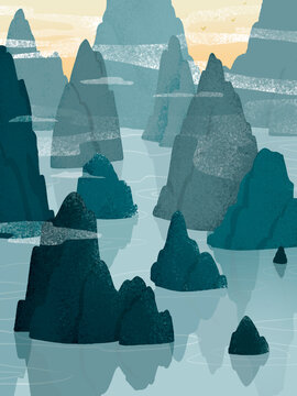 Ha long bay inspired calm water mountain landscape