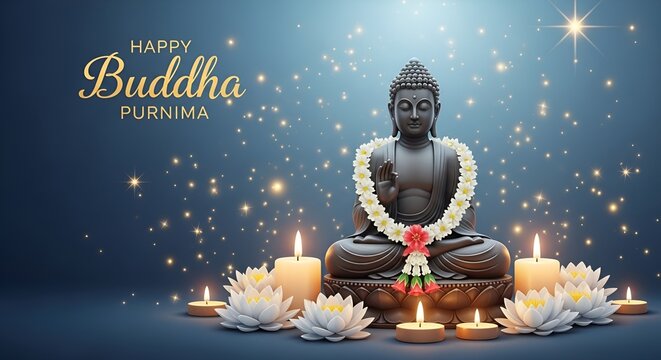 Buddha statue with candles and flowers on blue background with bokeh lights Happy Buddha Purnima celebration