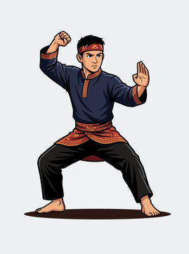 Martial artist performing Pencak Silat stance in traditional Indonesian black outfit and batik sarong