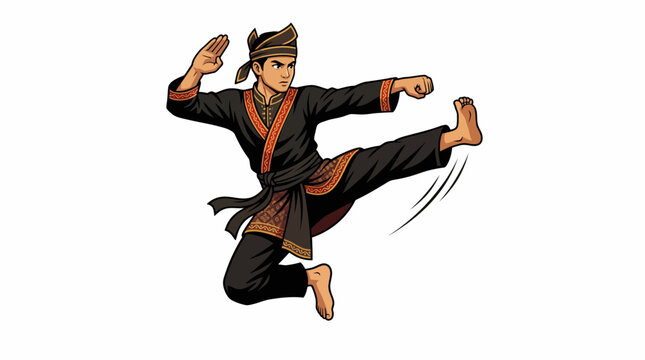 Martial arts athlete performing a dynamic jumping side kick in traditional Pencak Silat attire