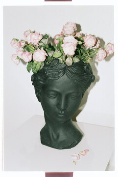 TITLE:
Dark Bust Sculpture Vase With Pink Roses on White Dresser 