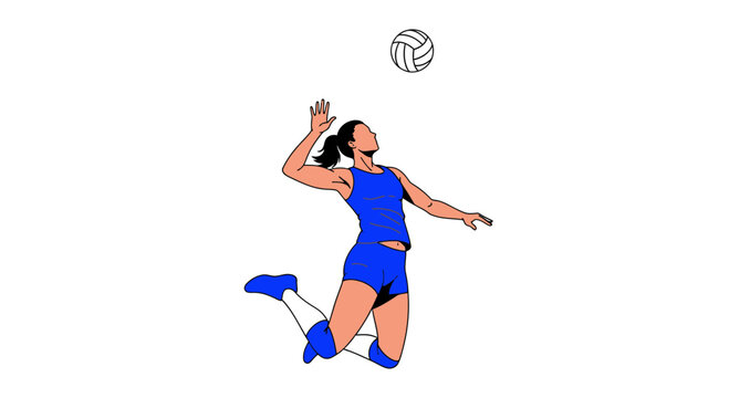 Woman playing volleyball in blue uniform.