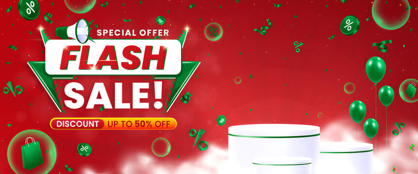 Bright and colorful flash sale promotion banner with discount offer up to fifty percent off