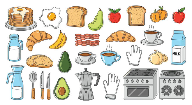 Large set of colorful hand drawn breakfast icons featuring pancakes, eggs, bread, fruits, coffee, and various kitchen appliances.