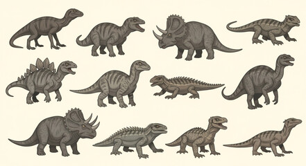 Collection of diverse prehistoric dinosaur illustrations in various poses. © paramita