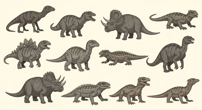 Collection of diverse prehistoric dinosaur illustrations in various poses.